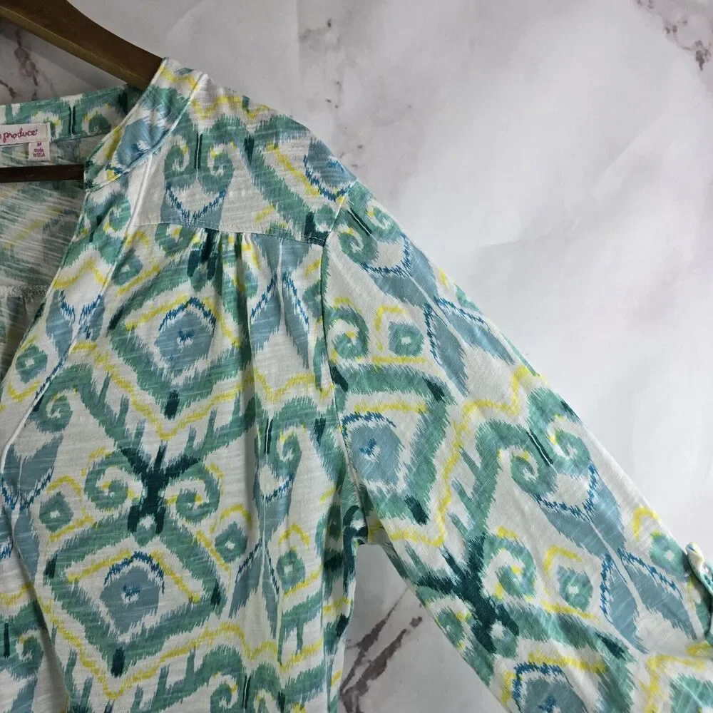 Fresh Produce T Shirt Womens Medium Green Yellow Roll Up Tee Jersey Argyle Long